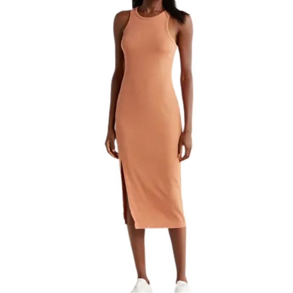 Beyond Yoga Dress Women Medium Orange Midi Ease Into It Tank Ribbed Knit Stretch